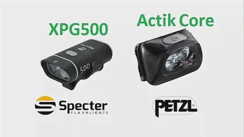 Flaslight test & comparison - Specter XPG500 vs.  Petzl Actik Core -  bike light, torch